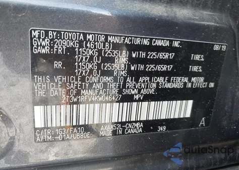 2019 Toyota Rav4 Xle z USA, uszkodzony, nr VIN 2T3W1RFV4KW046427